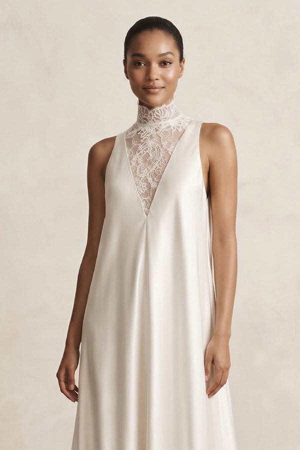 Lace Illusion Neck Satin A - Line Wedding Dress in Ivory - KISS BRIDAL Wedding Dresses