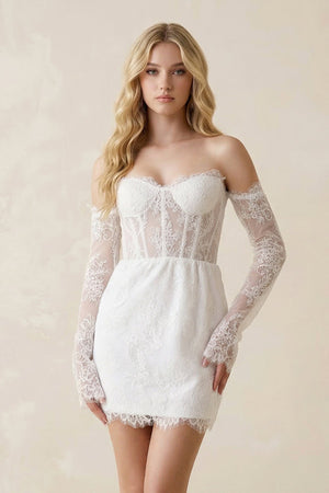 Lace Long Sleeves Sweetheart Sheath Mini Wedding Dress in White - KISS BRIDAL Wedding Dresses