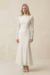 Lace Mermaid High - Neck Midi Wedding Dress With Long Sleeves in Ivory - KISS BRIDAL Wedding Dresses