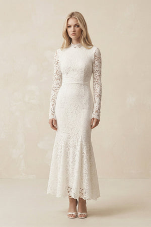 Lace Mermaid High - Neck Midi Wedding Dress With Long Sleeves in Ivory - KISS BRIDAL Wedding Dresses