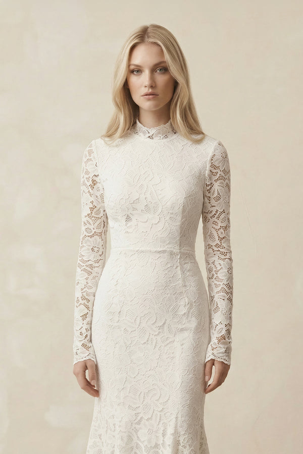 Lace Mermaid High - Neck Midi Wedding Dress With Long Sleeves in Ivory - KISS BRIDAL Wedding Dresses