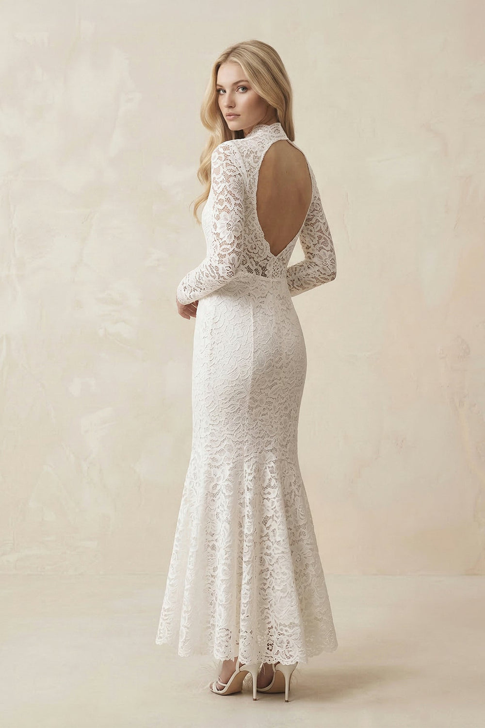 Lace Mermaid High-Neck Midi Wedding Dress With Long Sleeves in Ivory