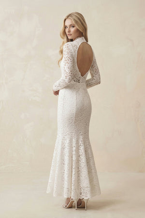 Lace Mermaid High - Neck Midi Wedding Dress With Long Sleeves in Ivory - KISS BRIDAL Wedding Dresses