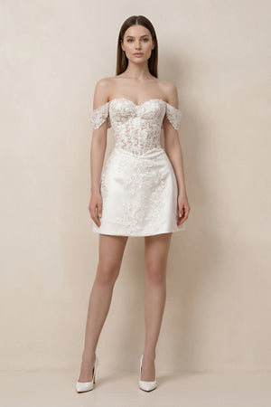 Lace Sheath A - Line Off - the - Shoulder Mini Wedding Dress in White - KISS BRIDAL Wedding Dresses