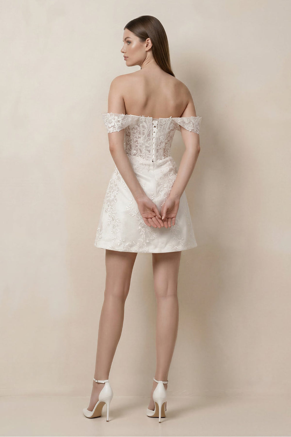 Lace Sheath A-Line Off-the-Shoulder Mini Wedding Dress in White