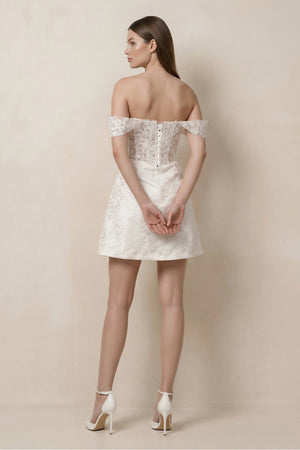Lace Sheath A - Line Off - the - Shoulder Mini Wedding Dress in White - KISS BRIDAL Wedding Dresses