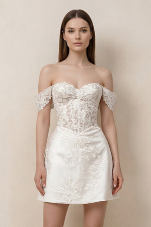 Lace Sheath A - Line Off - the - Shoulder Mini Wedding Dress in White - KISS BRIDAL Wedding Dresses
