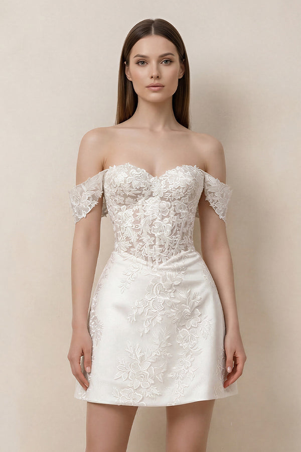 Lace Sheath A - Line Off - the - Shoulder Mini Wedding Dress in White - KISS BRIDAL Wedding Dresses