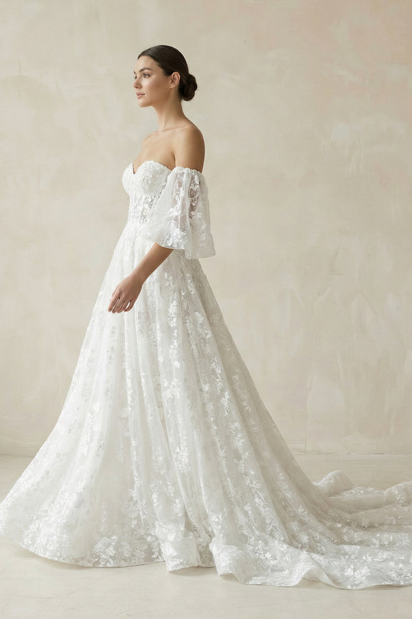Lace Sweetheart A - Line Corset Wedding Dress With Sleeves in White - KISS BRIDAL Wedding Dresses