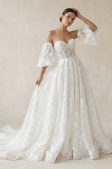 Lace Sweetheart A - Line Corset Wedding Dress With Sleeves in White - KISS BRIDAL Wedding Dresses