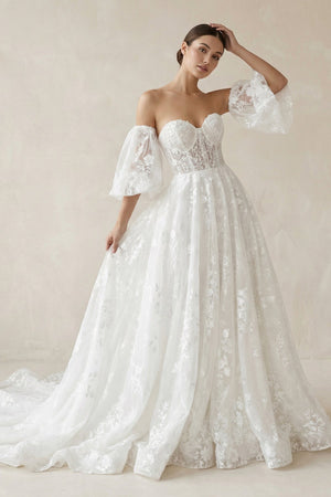 Lace Sweetheart A - Line Corset Wedding Dress With Sleeves in White - KISS BRIDAL Wedding Dresses