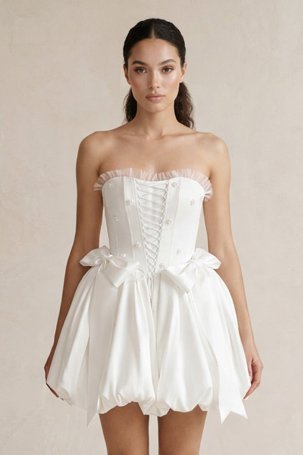 Lace - up Strapless Taffeta A - Line Wedding Dress With Bow in Ivory - KISS BRIDAL Wedding Dresses