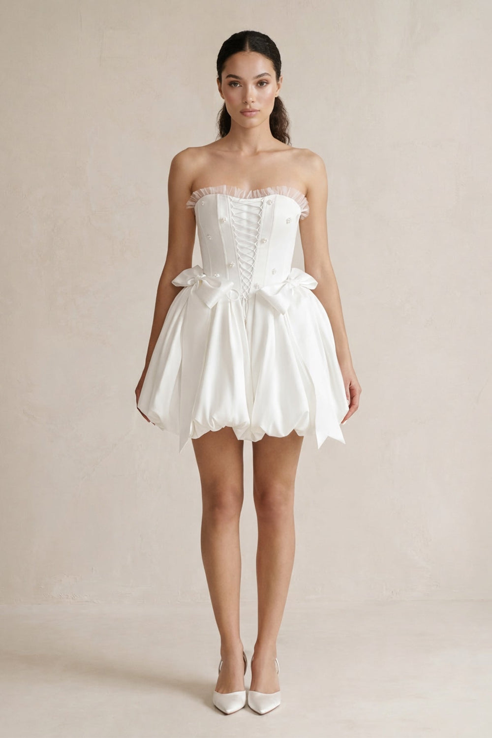 Lace-up Strapless Taffeta A-Line Wedding Dress With Bow in Ivory