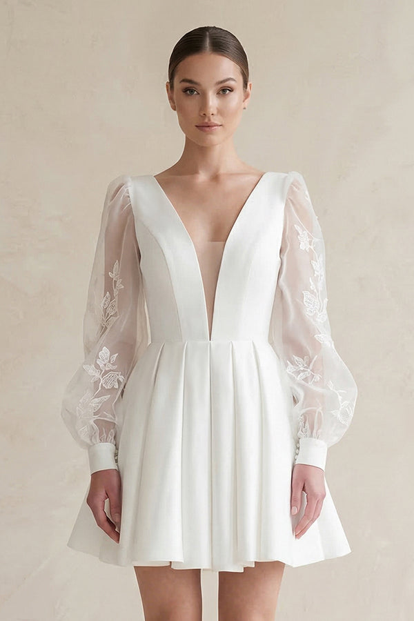 Lace V - Neck A - Line Satin Wedding Dress With Long Sleeves in White - KISS BRIDAL Wedding Dresses