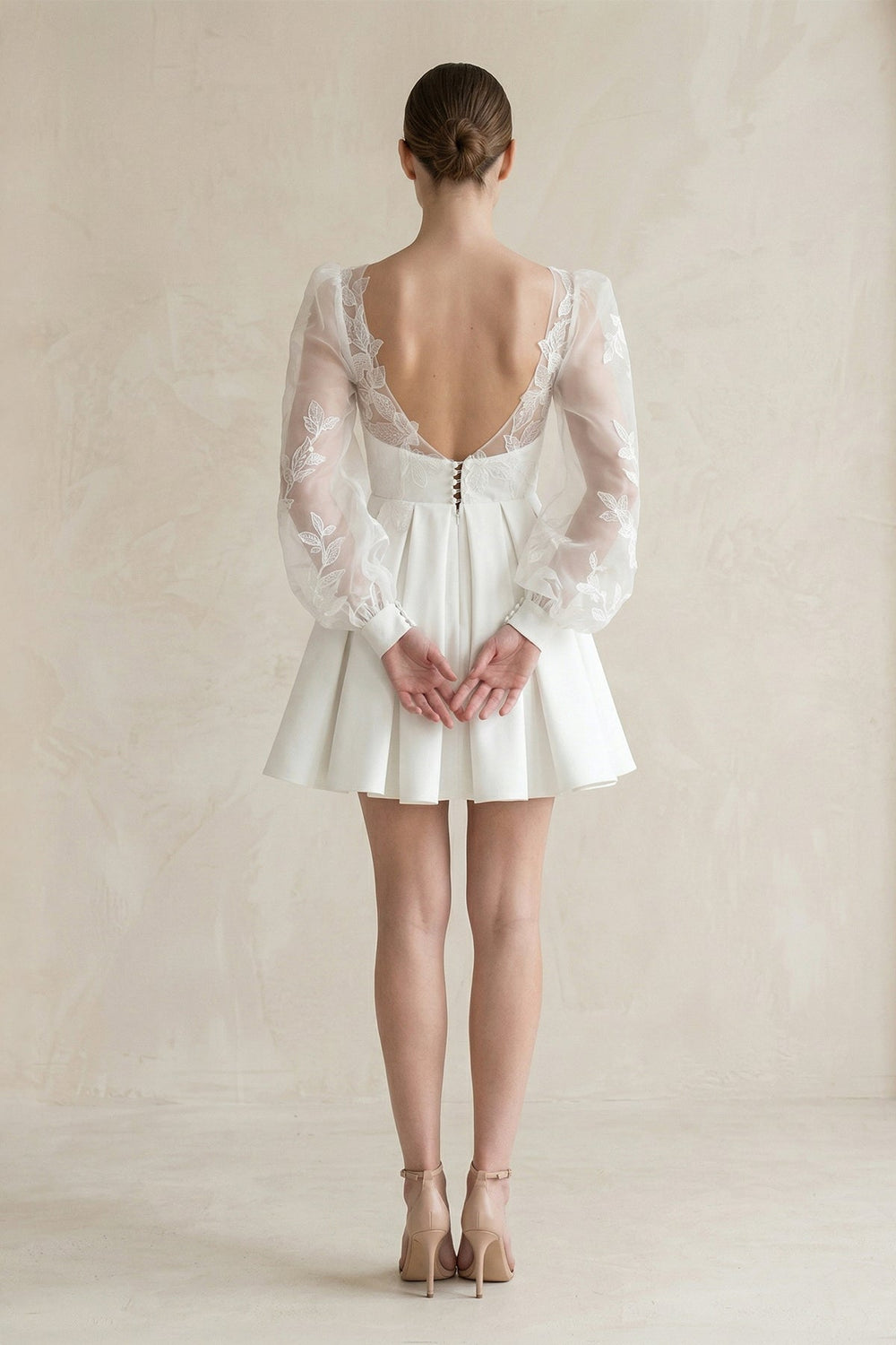 Lace V-Neck A-Line Satin Wedding Dress With Long Sleeves in White