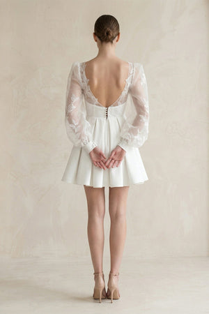 Lace V - Neck A - Line Satin Wedding Dress With Long Sleeves in White - KISS BRIDAL Wedding Dresses