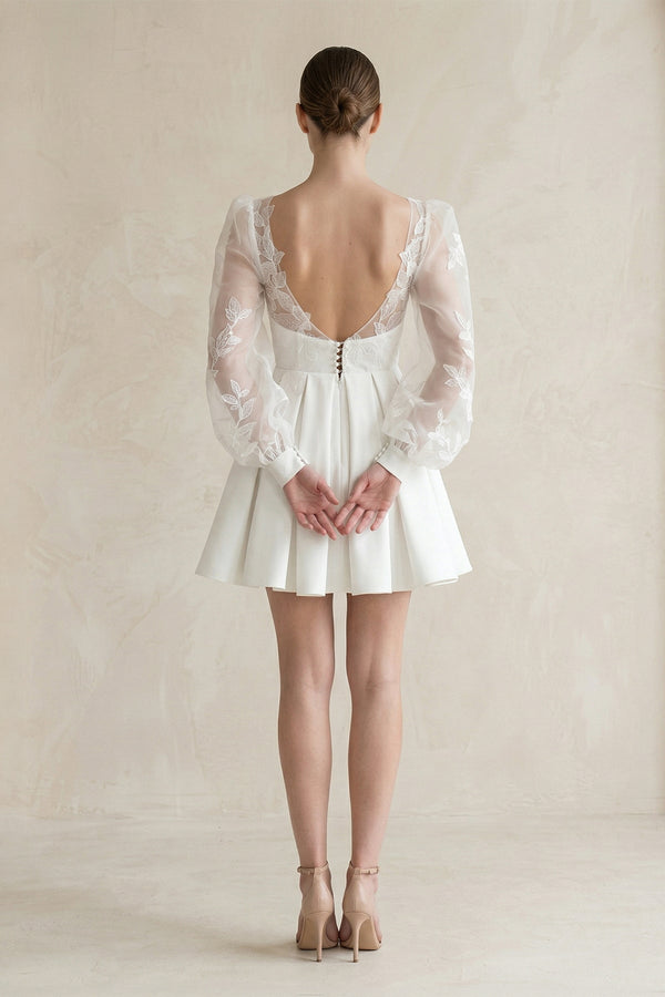 Lace V - Neck A - Line Satin Wedding Dress With Long Sleeves in White - KISS BRIDAL Wedding Dresses