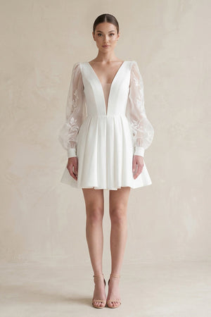 Lace V - Neck A - Line Satin Wedding Dress With Long Sleeves in White - KISS BRIDAL Wedding Dresses