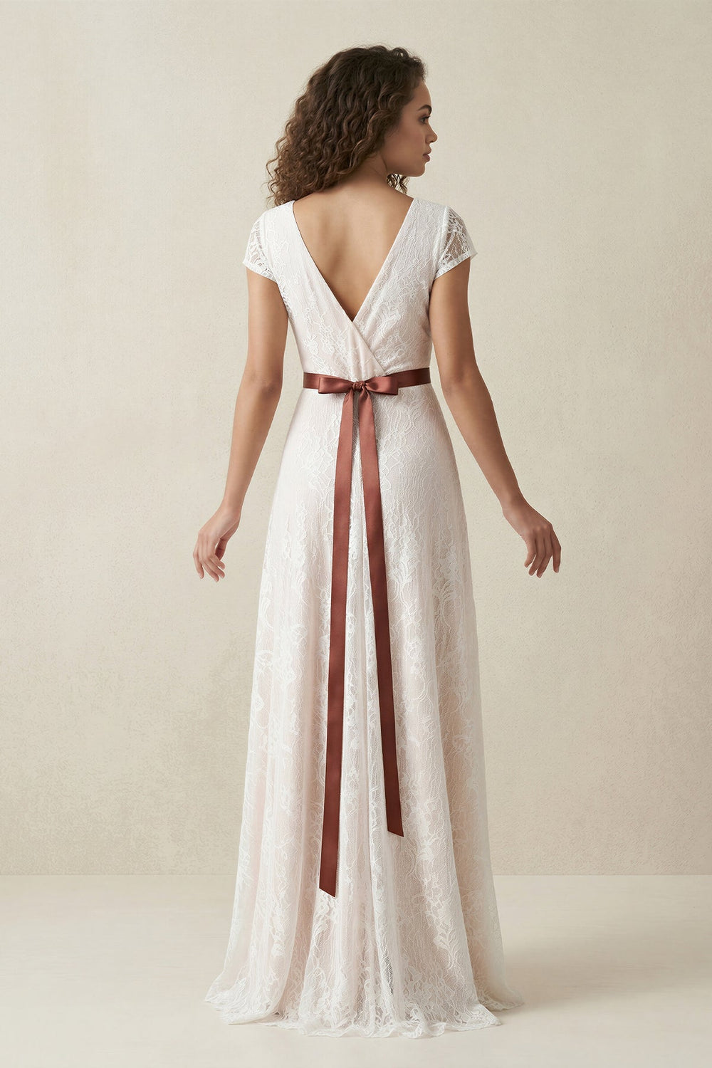 Lace V-Neck A-Line Cap Sleeve Wedding Dress With Belt in Ivory
