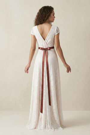Lace V - Neck A - Line Short Sleeve Wedding Dress With Belt in Ivory - KISS BRIDAL Wedding Dresses