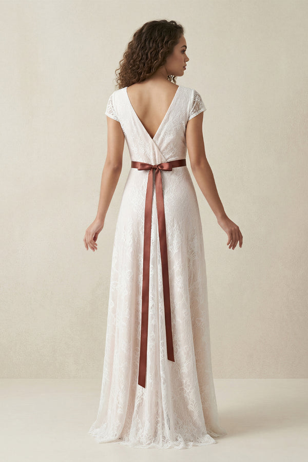 Lace V - Neck A - Line Short Sleeve Wedding Dress With Belt in Ivory - KISS BRIDAL Wedding Dresses