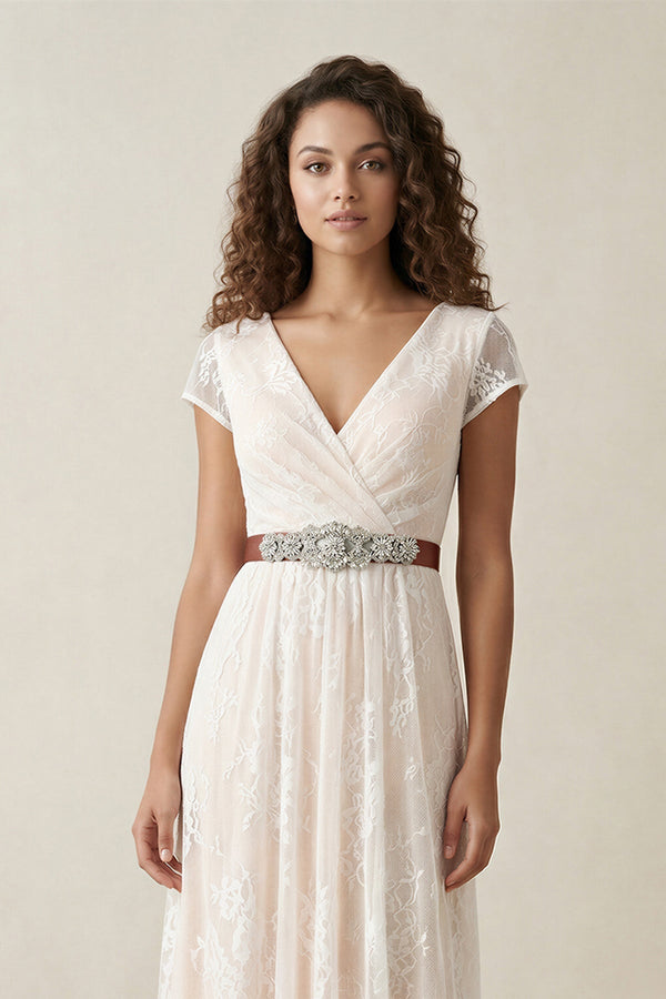 Lace V - Neck A - Line Short Sleeve Wedding Dress With Belt in Ivory - KISS BRIDAL Wedding Dresses