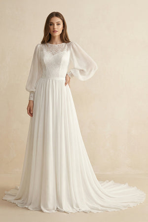 Long Sleeve A Line Wedding Dress With Appliques in Ivory - KISS BRIDAL Wedding Dresses