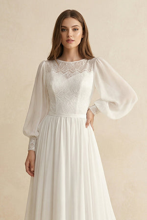 Long Sleeve A Line Wedding Dress With Appliques in Ivory - KISS BRIDAL Wedding Dresses