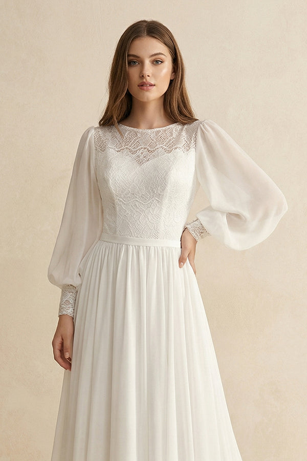 Long Sleeve A Line Wedding Dress With Appliques in Ivory - KISS BRIDAL Wedding Dresses