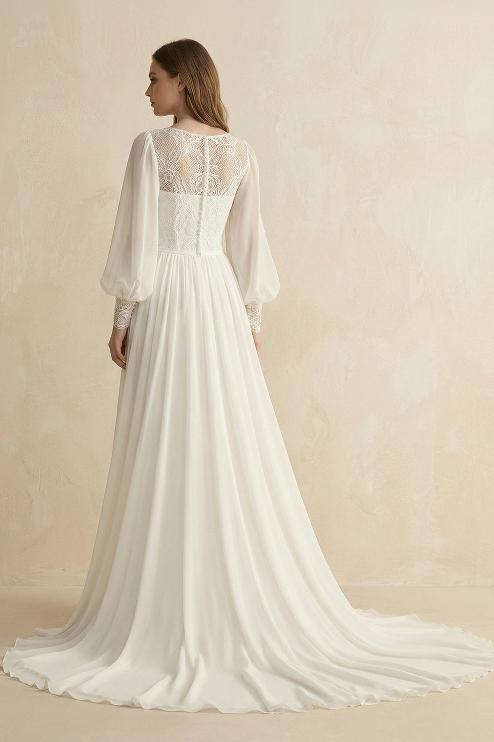 Long Sleeve A Line Wedding Dress With Appliques in Ivory