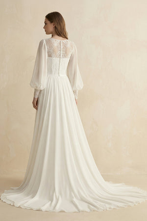 Long Sleeve A Line Wedding Dress With Appliques in Ivory - KISS BRIDAL Wedding Dresses
