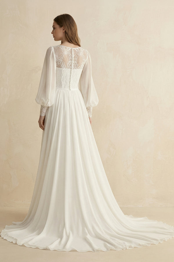 Long Sleeve A Line Wedding Dress With Appliques in Ivory - KISS BRIDAL Wedding Dresses