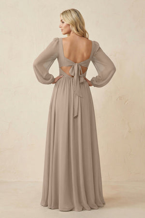 Long Sleeve V-Neck A-Line Chiffon Bridesmaid Dress in Almond (2) | KISSBRIDAL