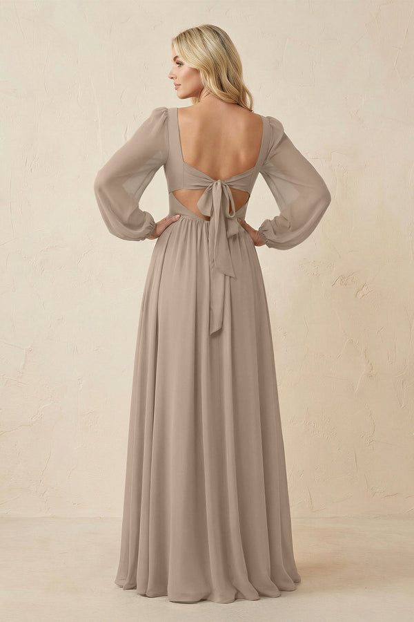 Long Sleeve V-Neck A-Line Chiffon Bridesmaid Dress in Almond (2) | KISSBRIDAL