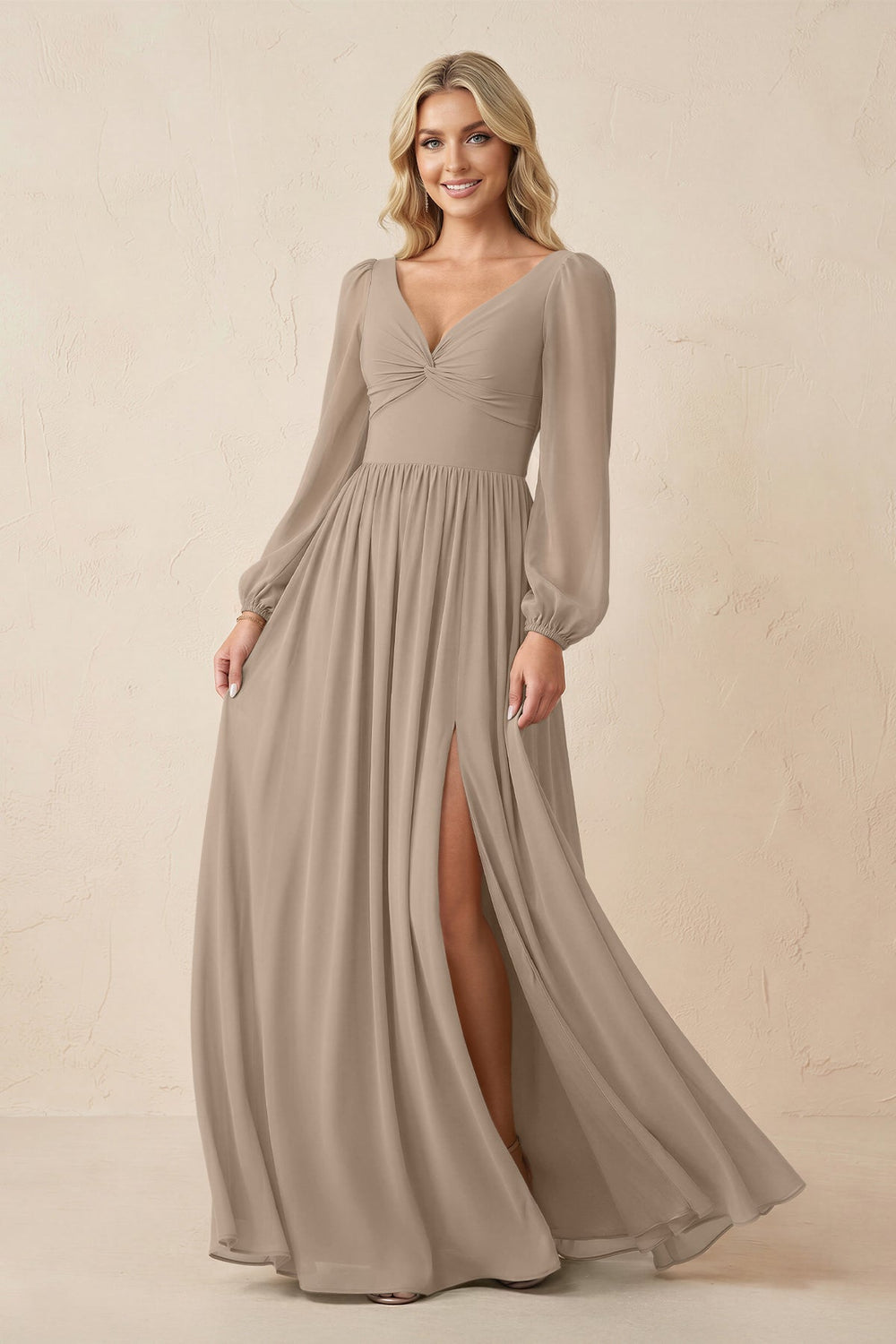 Long Sleeve V-Neck A-Line Chiffon Bridesmaid Dress in Almond