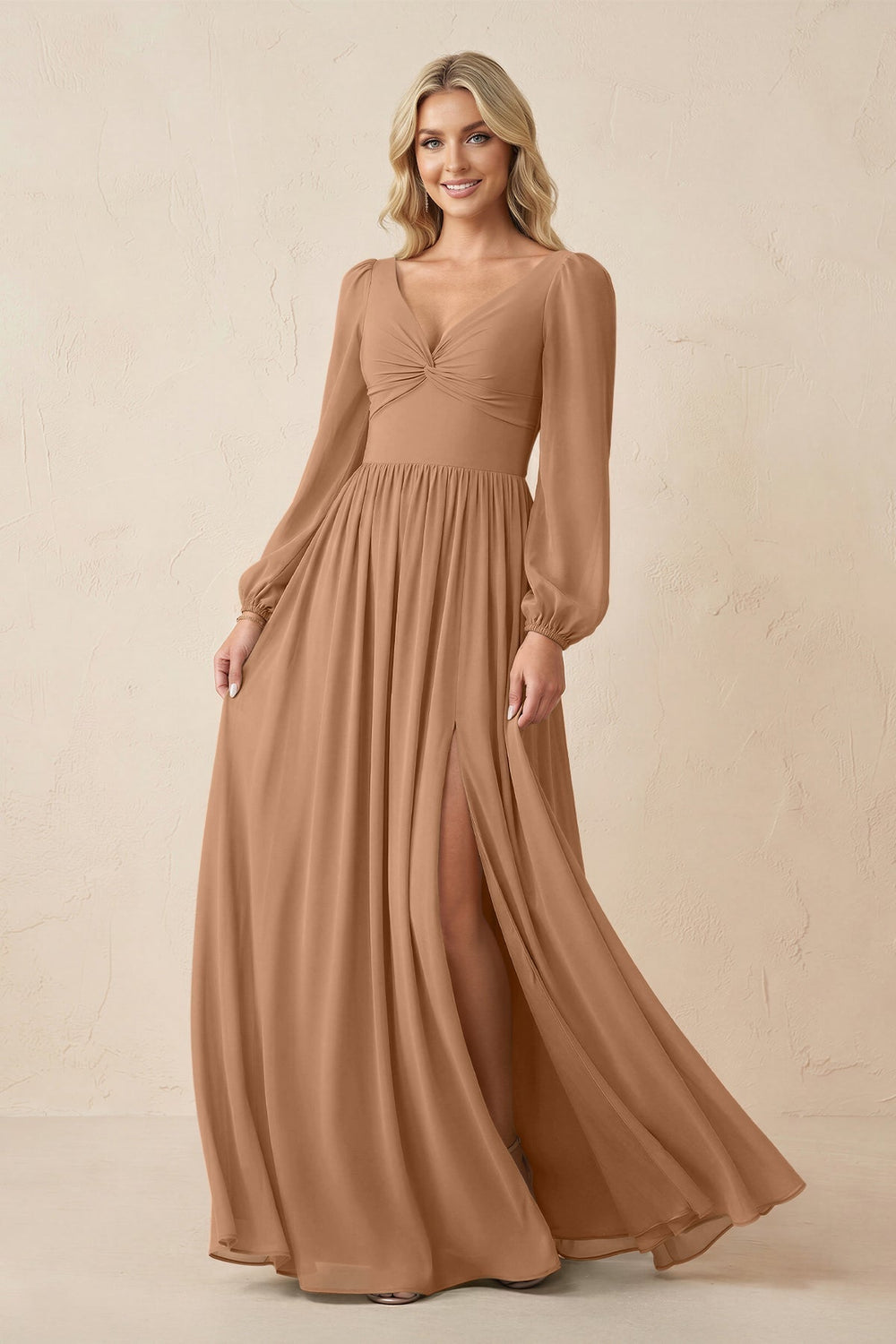 Long Sleeve V-Neck A-Line Chiffon Bridesmaid Dress in Bronzer
