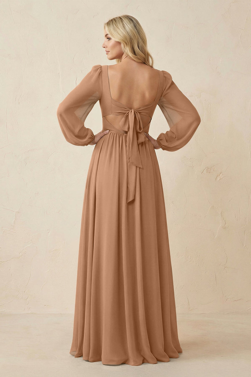 Long Sleeve V-Neck A-Line Chiffon Bridesmaid Dress in Bronzer