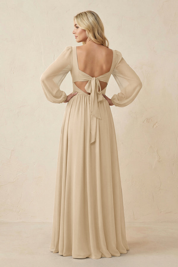 Long Sleeve V-Neck A-Line Chiffon Bridesmaid Dress in Champagne (2) | KISSBRIDAL