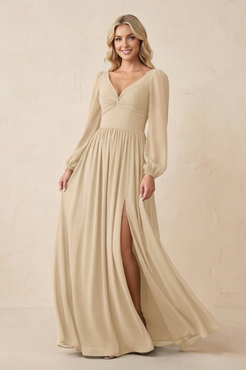 Long Sleeve V-Neck A-Line Chiffon Bridesmaid Dress in Champagne | KISSBRIDAL