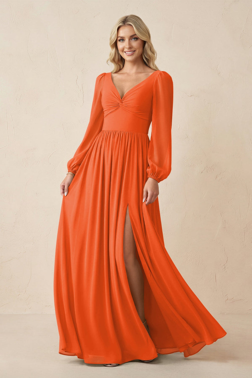 Long Sleeve V-Neck A-Line Chiffon Bridesmaid Dress in Cinnamon
