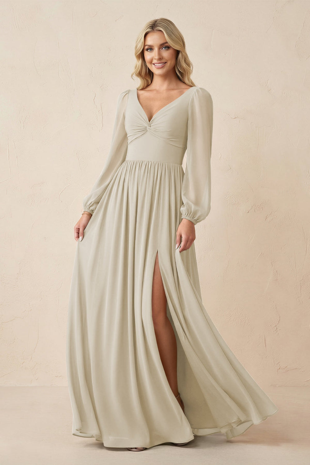 Long Sleeve V-Neck A-Line Chiffon Bridesmaid Dress in Dove Gray