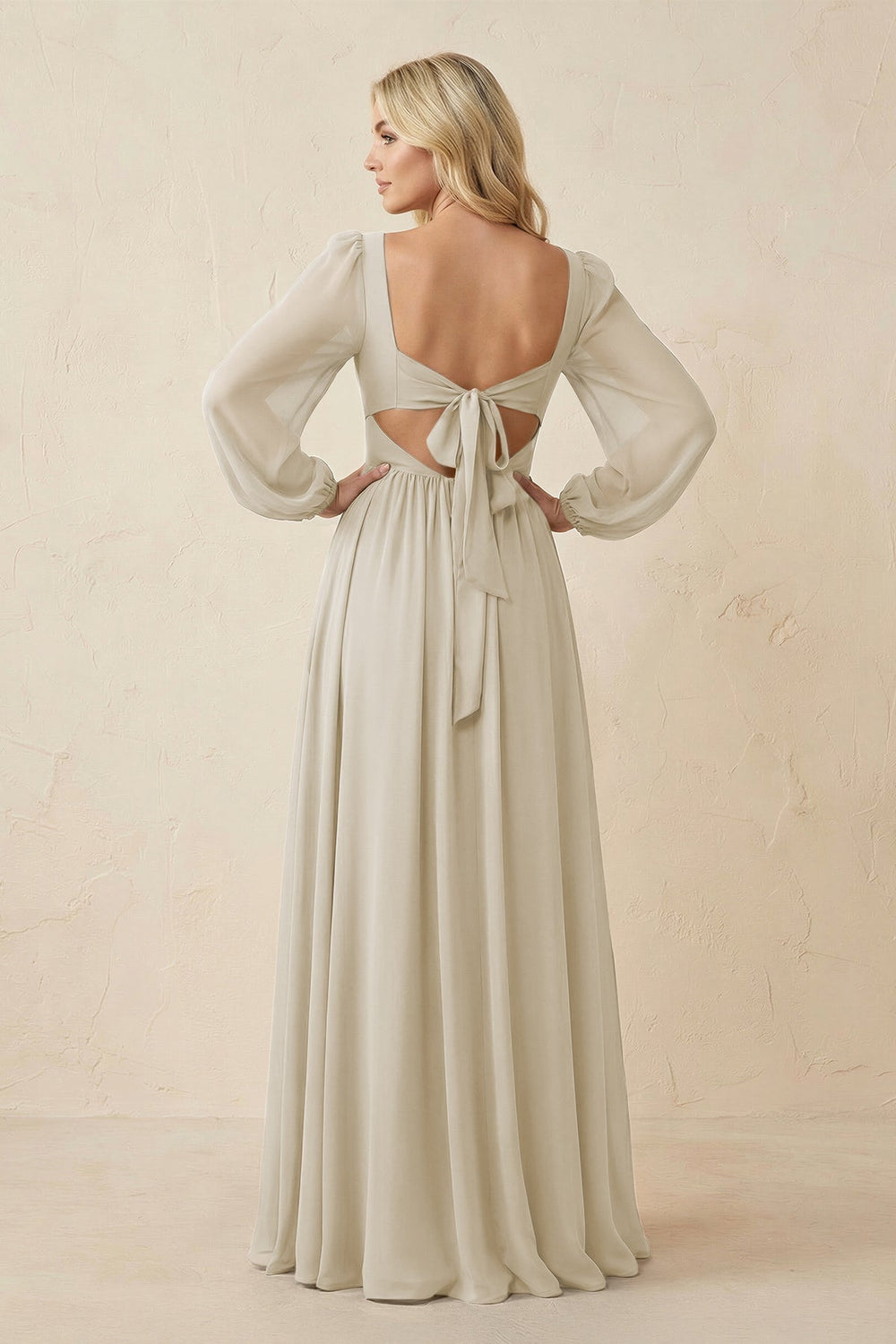 Long Sleeve V-Neck A-Line Chiffon Bridesmaid Dress in Dove Gray
