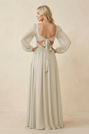 Long Sleeve V - Neck A - Line Chiffon Bridesmaid Dress in Dove Gray - KISS BRIDAL Bridesmaid Dresses