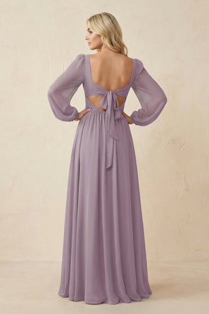 Long Sleeve V-Neck A-Line Chiffon Bridesmaid Dress in Dusk (2) | KISSBRIDAL