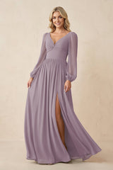 Long Sleeve V-Neck A-Line Chiffon Bridesmaid Dress in Dusk | KISSBRIDAL