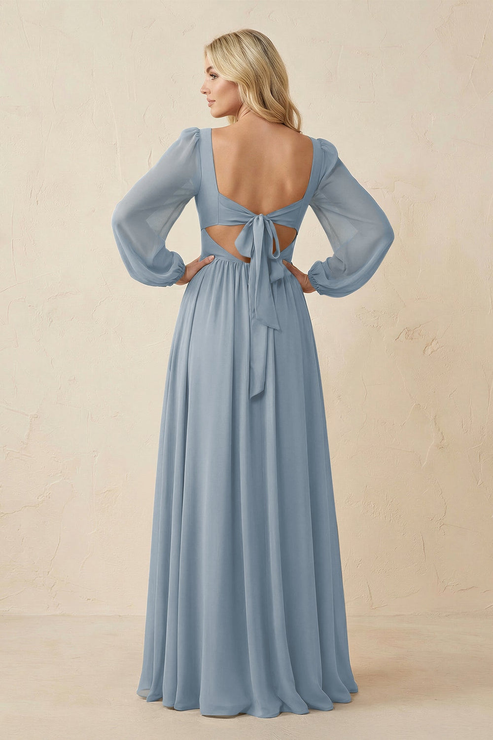 Long Sleeve V-Neck A-Line Chiffon Bridesmaid Dress in Dusty Blue