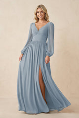 Long Sleeve V-Neck A-Line Chiffon Bridesmaid Dress in Dusty Blue | KISSBRIDAL