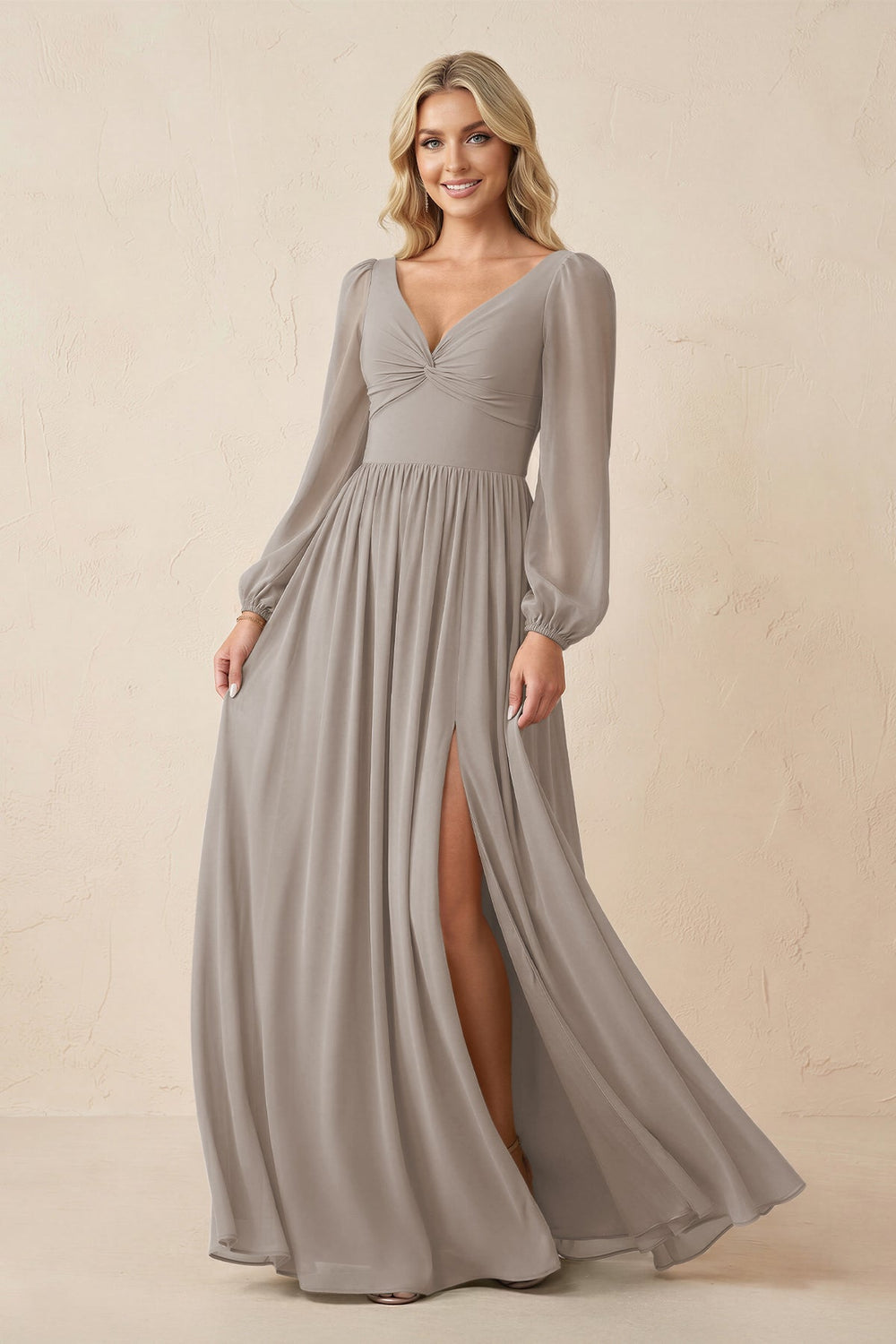 Long Sleeve V-Neck A-Line Chiffon Bridesmaid Dress in Frost