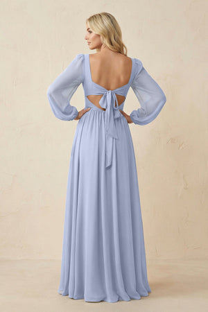 Long Sleeve V-Neck A-Line Chiffon Bridesmaid Dress in Ice (2) | KISSBRIDAL