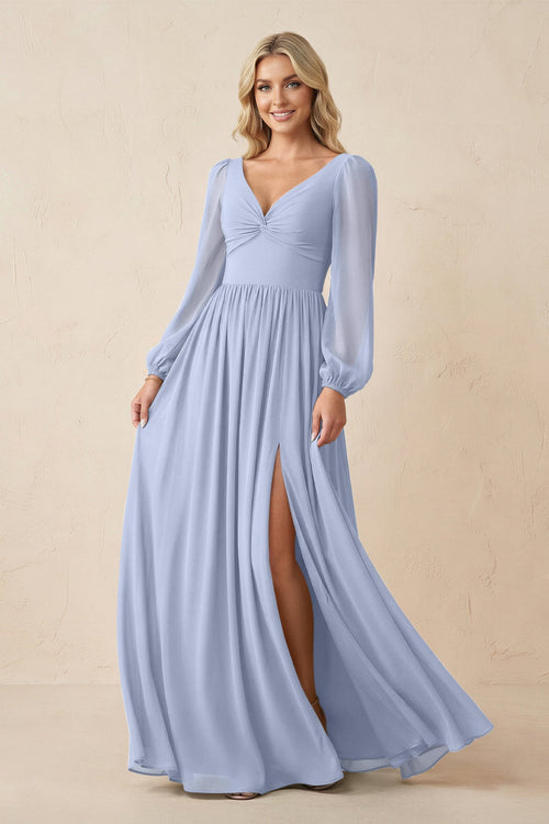 Long Sleeve V-Neck A-Line Chiffon Bridesmaid Dress in Ice | KISSBRIDAL
